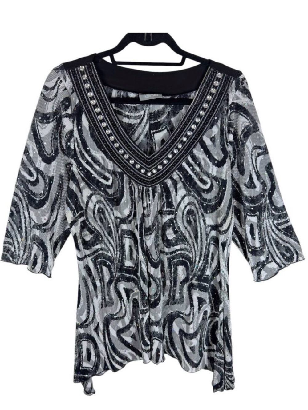 Essentials V-Neck 3/4 Sleeve Accordion Asymmetrical Hem Studded Shimmery Top OX